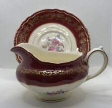 Vintage Sovereign Potters Gravy Boat Under Plate Gold Gilt Maroon Flora 1940's picture