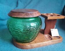 Gorgeous NOS 1950s MCM Walnut And Green Sorrento Glass Humidor/Pipe Stand picture