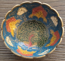 Vintage Solid Brass Enameled Bowl Compote With Peacock Design, Made In India picture
