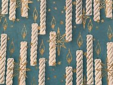 VTG CHRISTMAS WRAPPING PAPER GIFT WRAP WHITE CANDLES GOLD SNOWFLAKE ON TEAL picture