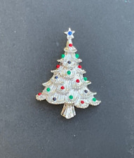 Vintage Gerry's Christmas Tree Brooch Blue Rhinestone Star Enamel Silver Tone picture