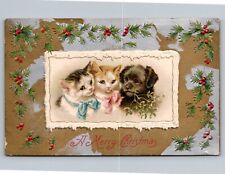 A Merry Christmas w/dog & cats Antique German Embossed Postcard Early 1900s picture