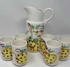 Vintage Pitcher 6Juice Cups Fruit Hand Painted picture