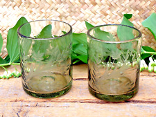 Set of 2 Old Fashion Style Glasses Pale Green Handblown Etched Mexican Folk Art picture