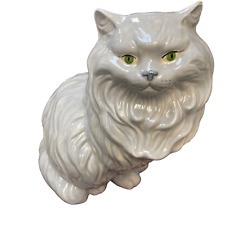 Vintage Ceramic Persian Cat Green Eyes Gray Sitting Statue Large 14” Chippie picture