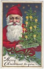 Happy Santa Claus with Xmas Tree~Holly Berries~Antique~ Christmas Postcard~k525 picture