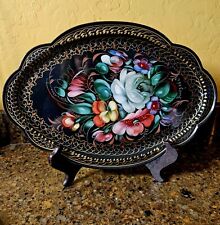 Russian Zhostovo Folk Art Floral Signed Hand Painted Metal Tray picture