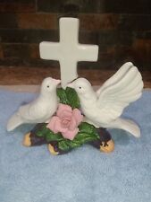 Vintage Ceramic Easter Dove Pair Sitting On Log With Cross Behind Them 6 in. picture