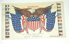 WWII ERA Postcard In God We Trust to Save America Eagle & Allied Americas Flags picture