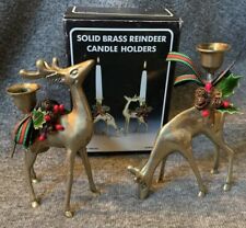 Vintage Pair of Brass Deer Taper Holders Buck Doe Christmas Decor w/box Reindeer picture