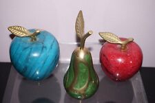Lot of 3 Vintage stone and brass paperweight fruits: 2 apples and an enamel pear picture