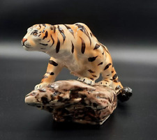 Porcelain Tiger Statue Standing On Rock Black & Orange Rare Home Decor Vintage picture