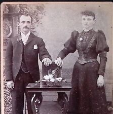 C.1880s Cabinet Card Lewiston ME Couple Holding Antique Photo Album Tinted A116 picture