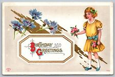 Birthday Greetings P Sander Girl Yellow Dress Blue Flowers Antique Postcard H8 picture