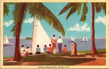 Sailing On Biscayne Bay Florida Scenic Landscape Linen Cancel WOB Postcard picture