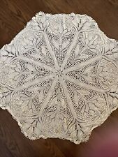 Antique Ecru Crochet  Lace 28” Round Tablecloth Topper Tulips Loops Exquisite picture