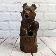 Vintage Folk Art Hand Carved Wooden Happy Bear with Tree Stump Cabin Rustic Lake picture