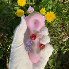 Pink Flowers Glass Pipe Smoking Hand Spoon Tobacco Herb Bowl picture