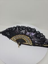 Beautiful Handpainted Black Fan With Lace Trim Floral Design D13 picture