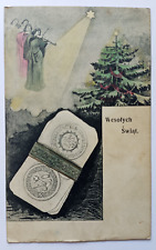 Antique 1909 Polish Merry Christmas Angels Star Christmas Tree Posted Postcard picture