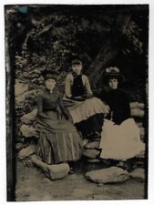 Antique ORIGINAL TINYPE Group Photo PRETTY YOUNG WOMEN POSING OUTDOORS Nature picture