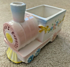 Retro Baby Pink Blue Ceramic Train Planter Nursery Mod 60s 70s Vintage picture