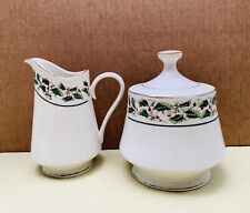 Vtg BUDLET Fine China Holly Traditions Creamer &  Sugar w/ Lid, Ivory, Gold Trim picture