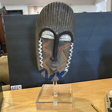 African Mask On Lucite Stand Tribal Shield Painted Carved Aged Oblong Oval Wood picture