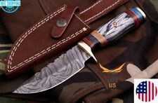 CUSTOM HAND FORGED DAMASCUS Steel Hunting Knife Gray Wood & Brass Guard Handle picture
