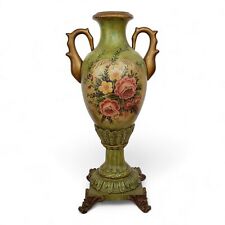 Vintage  Large Green & Gold Flowers & Acanthus Leaves Handled Footed Vase 19½