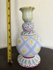 Old VTG McKenzie Childs Aalsmeer Hand Paint Turquoise Check Candle Stick Retired picture