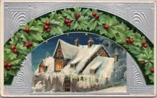 Vintage MERRY CHRISTMAS Embossed Postcard Winter House Scene / Holly 1911 Cancel picture