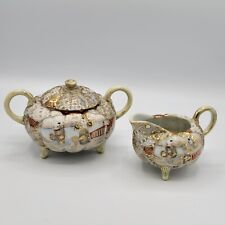 Vintage Satsuma Porcelain Hand Painted Footed Sugar And Creamer Set Gold Inlay picture