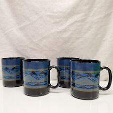 Set of 4 Arcoroc France Black Yucatan Coffee Mugs Blue Southwest Aztec Tribal picture
