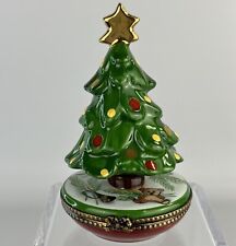 Limoges Vtg La Gloriette Porcelain Teddy Bear Christmas Tree Trinket Pill Box picture