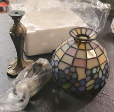 PartyLite Brass Tealight Candle Holder w/Hydrangeas Stain Glass Shade picture