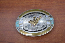 VTG Johnson Held Abalone Turquoise Inlay Cowboy Rodeo Hand Crafted Belt Buckle picture