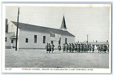 c1940's Typical Chapel Troops in Foreground Camp Edwards MA Vintage Postcard picture