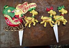 Vintage JSNY Merry Christmas Santa  Sleigh Reindeer Plastic Yard Lawn Stakes picture