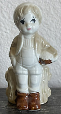Vintage 3-1/2” Little Boy Figurine, Holding Basket by fence Hand-Painted Ceramic picture