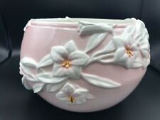 Vintage Italy Pink Centerpiece Bowl Vase w/White 3D Flowers, 6 1/2