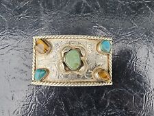 NATIVE AMERICAN STERLING SILVER TURQUOISE LARGE NAVAJO BELT BUCKLE AMAZING picture