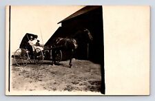 RPPC Stoic Family in Horse & Buggie Man Woman Son Coveralls Real Photo Postcard picture