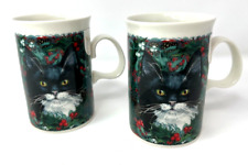 Set of 2 Dunoon Fine Scottish Stoneware Mug Coffee Cup Black Cats Berries NEW picture