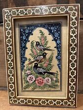 Vintage Persian Khatam Inlaid Mosaic Frame 3 Birds in Flower Bush Hand Painted picture