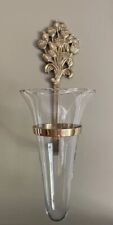 Vtg Floral Brass & Glass Wall Vase 17” X 5.5” Made In India 1980s picture