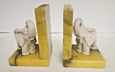 Vintage Genuine Alabaster Bookends Hand Carved In Italy with Trunks Up Elephants picture