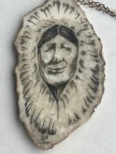 Rare Vintage Inuit  eskimo Scrimshaw carving Pendant 10kt Gold Chain picture