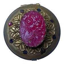 Vintage Brass Metal Carved Resin Cameo Snuff/ Pill Box Pink Jeweled Rococo Style picture