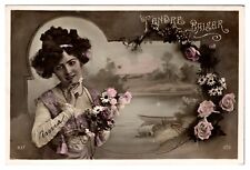 ANTQ Hand Tinted RPPC Featuring a Pretty Lady with Flowers, Tender Kiss - French picture